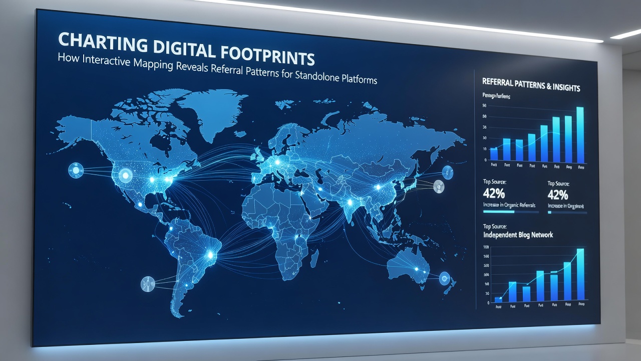 Detailed referral pattern map highlighting link sources and traffic volume clusters for standalone platforms